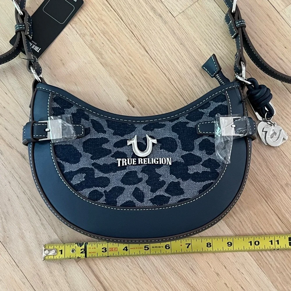 True Religion Women Navy Blue Leopard Print Denim Crescent Shoulder Bag‎ New